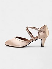 baratos Sapatos de Dança Latina-sapatos de dança fechados em cetim champanhe com design de tira cruzada para mulheres - ideais para dança de salão e social