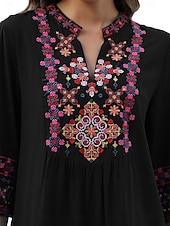 billige Boho topper-Dame Boho skjorte Elegant Bohem Daglig Helfarge Blomstret Vanlige topper 3/4 ermer 3/4-ermer V-hals Broderi Løstsittende Arbeid Daglig Ut på byen Svart Grønn Sommer