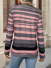 cheap Stripe&amp;Geometric tee-Women&#039;s T Shirt Striped Casual Long Sleeve Crew Neck Regular Tops Daily Print Pink Spring Fall