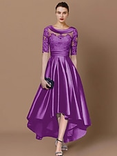preiswerte Teelänge-A-Linie Mutter der Braut Kleid Hochzeitsgast Elegante Hoch-Tief Scoop-Ausschnitt Asymmetrisch Tee-Länge Satin Spitze Halbärmel mit Applikationen Derby Kleid Renntag Kleid 2025 kostenlose Anpassung