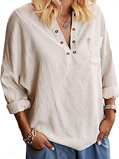 voordelige Overhemden-Dames Overhemd Blouse Katoenen linnen overhemden Effen Kleur Elegant Stijlvol Casual Lange mouw V-hals Normale tops Dagelijks Feestdagen Uitgaan Knop Beige Zomer Lente Herfst