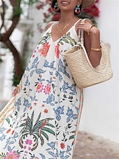tanie Wakacyjne sukienki-Damskie Sukienka maxi Codzienne sukienki Sukienka A line Elegancja Elegancki Codzienny Urlop Codzienny Plaża Luźna Graficzny Bez rękawów Pasek Biały Jasnoniebieski Lato Wiosna