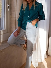billiga Dressiga toppar-Dam Skjorta Blus Ensfärgat Affär Modern Ledigt Långärmad Tröjkrage Vanliga toppar Arbete Högtidskläder Knappar Blå Beige Sommar Vår