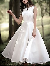 voordelige Kleine witte jurkjes-Kleine Witte Jurken Boho Bruiloft Jurken A-Lijn Scoop Hals Mouwloos Knielengte Jersey Bruidssuits Bruidsjurken Met Plooi Effen Kleur