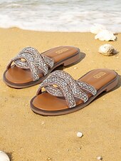 olcso Nyári szandálok-női bohém strasszkő lapos szandál – csillogó, felcsúsztatható strandcsúszdák keresztezett pántokkal nyári és hétköznapi viselethez