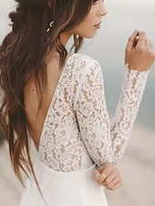 billige Brudekjoler-Strand Åpen Rygg Boho Bryllups Kjoler A-Line V-hals Illusjons Hals Lang Erme Retrett Tog Chiffon Brudekjoler Bryllups Kjoler Med Bånd  Bånd Drapering