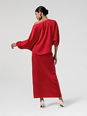 economico Women&#039;s Sets-Set di due pezzi per invitati al matrimonio in raso, collo slash floreale, maniche a Giulietta, gamba larga