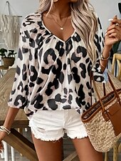 billige Kvinnenes arbeids topper-Dame Skjorte Bluse Leopard Stilfull Fritid 3/4 ermer V-hals Vanlige topper Daglig Trykt mønster Leopard Sommer Vår