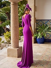 economico viola-abito da sera a trapezio elegante abito formale lungo fino al pavimento manica a 3/4 scollo gioiello autunno invitato matrimonio crêpe elasticizzato con fiore sulla spalla 2025