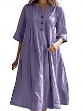 cheap Design Cotton &amp; Linen Dresses-Women&#039;s Midi Dress Cotton Linen Dresses Basic Casual Vacation Daily Regular Fit Plain 3/4 Length Sleeve Notched Neck Black Red Purple Light Blue Summer