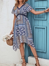 abordables Robes Bohémiennes-Femme Robe mi-longue Robe casual Robes bohème chic robe boheme Bohême Ethnique Décontractées Vacances du quotidien Ample Floral Manche Courte Col V Bleu Eté Printemps