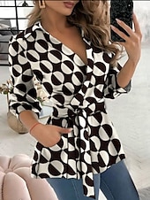 cheap Work Tops-Women&#039;s Shirt Blouse Geometric Butterfly Letter Stylish Casual Long Sleeve V Neck Regular Tops Daily Buttons Pocket Black White Blue Green Summer Spring
