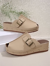 olcso Kényelmes szandálok-női peep-toe wedge öszvérek csatos pántokkal és szegecses díszítéssel – kényelmes felbújós szandál hétköznapi viselethez és nyári kirándulásokhoz