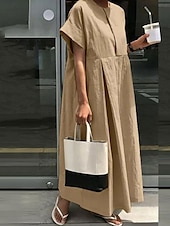 cheap Print Cotton &amp; Linen Dresses-Women&#039;s Maxi Dress Cotton Linen Dresses Casual Dress Cotton Maxi Dress Basic Casual Vacation Daily Loose Fit Plain Short Sleeve Crew Neck Khaki Army Green Dark Blue Gray Summer Spring Fall
