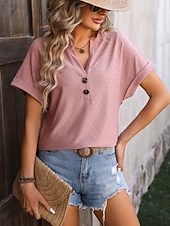 preiswerte Einfarbiges T-Shirt-Damen T Shirt T-Shirt Knöpfe Einfach Mode Stilvoll Klassisch Kurzarm V Ausschnitt Normale Oberteile Täglich Ausgehen Wochenende Blau Schwarz Purpur Fuchsie Grün Sommer Frühling