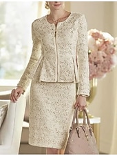 economico Con giacca-Abito a due pezzi madri della sposa abito ospite di matrimonio elegante festa scollo a barca lunghezza al ginocchio pizzo maniche lunghe giacca inclusa con abito da corsa a tinta unita taglia su