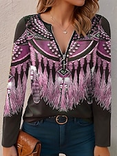 abordables T-shirt Boho-Femme T shirt Graphic Décontractées manche longue Col V Hauts réguliers du quotidien Zippé Imprimer Rose Claire Rouge Bleu Violet Vert Printemps Automne