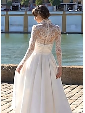 cheap Wedding Dresses-Wedding Dresses A-Line Illusion Neck Long Sleeve Asymmetrical Lace Bridal Gowns With Embroidery Solid Color
