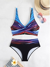 preiswerte Bikini-Sets-Damen Badeanzug Bikinis 2 Stück Cheeky-Bikinihose Bademode Rückenfrei Schlank Urlaub Strandbekleidung Farbblock V Ausschnitt Ärmellos Badeanzüge