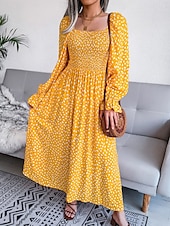 abordables Robe de la laitière-Femme Robe Maxi Robe Maxi Robe de laitière Robe smockée Soirée Hawaïen mode Vacances Travail du quotidien Standard Pois manche longue Col Carré Jaune Rose Claire Printemps Automne