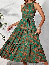 ieftine Rochii florale elegante-Pentru femei Rochie Maxi Rochie casual Rochie leagăn Rochie A line Rochie Boho Boemia Epocă Casual Vacanță Zilnic Fit regulat Floral Fără manșon Gâtul halter Trifoi Vară