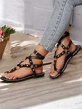 preiswerte Damensandalen-Damen-Gladiatorsandalen im Bohemian-Stil – flache Riemchenschuhe im Römerstil mit Schnürung und Nietendetails für Sommer, Strand und Freizeit