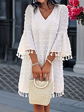 preiswerte Weiße Spitzenkleider-Damen Minikleid Weißes Kleid Brautkleider schlicht Ausgestellter Ärmel Urlaub Täglich Lockere Passform 3/4 Ärmel V Ausschnitt Weiß Hellgrün Sommer