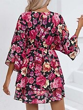 voordelige Casual bloemenjurken-Dames Mini-jurk Casual jurk A lijn jurk Stijlvol Casual Vakantie Dagelijks Normale pasvorm Bloemig 3/4 mouw V-hals Zwart Rood Zomer Lente
