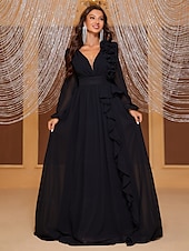 cheap GREEN-A-Line Evening Gown Elegant Dress Formal Wedding Floor Length Long Sleeve V Neck Chiffon with Ruffles Shouder Flower