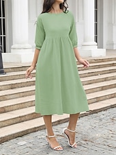 cheap White Casual Dresses-Women&#039;s Midi Dress Casual Dress A Line Dress Stylish Basic Casual Vacation Daily Regular Fit Plain 3/4 Length Sleeve Crew Neck White Green Summer Spring