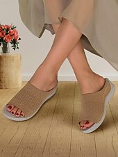 baratos Sandálias Confortáveis-sandálias femininas slip-on com cabedal em malha trançada, design aberto e sola acolchoada para uso casual no verão e conforto diário