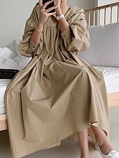 preiswerte Kleider-Damen Maxikleid Leinen-inspirierte Kleider Hemdblusenkleid Basic Lässig Urlaub Täglich Normale Passform Einfach Langarm Mit Kapuze Schwarz Khaki Frühling Herbst