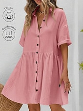 abordables Robe Simple-Robe-chemise courte pour femme, basique, décontractée, pour le quotidien, les vacances, coupe classique, manches courtes, col, noir, rose, abricot, été