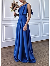 baratos Vestidos para Madrinhas-Linha A Vestido de Madrinha Assimétrico Sem Manga Elegante Longo Cetim com Laço(s) 2022
