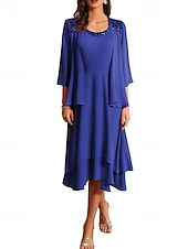 preiswerte Mamas Kleidersets-Zweiteiliges Mutter der Braut Kleid Formale Hochzeitsgast Elegantes Vintage Rundhals Tee Länge Chiffon Halblange Ärmel Jacke Kleider mit Pailletten Cascading Rüschen