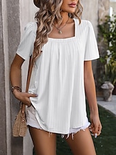 cheap T-shirts-Women&#039;s Boho T-shirt Plain Bohemia Stylish Basic Short Sleeve Puff Sleeve Square Neck Regular Tops Daily Going out Weekend Dressy Tunic Black White Light Green Pink Royal Blue Summer