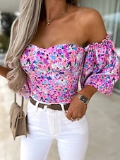 voordelige Bloemen Blouses-Dames Overhemd Blouse Afdrukken Blote rug Bloemig Stijlvol Casual Lange mouw Strapless Normale tops Dagelijks Zwart Wit Rood Paars Zomer Lente