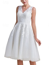 cheap Little White Dresses-Engagement Little Graduation White Dresses Wedding Dresses A-Line V Neck Sleeveless Knee Length Satin Bridal Gowns With Appliques 2025