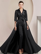 billige Mammas jumpsuits-To-delt jumpsuit/buksedress mor til bruden formell bryllupsgjest elegant skjortekrage ankel lengde sateng halv erme med sløyfe(r) gratis tilpasset størrelse