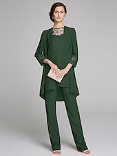 voordelige Broekpakken van mama-Jumpsuit  Pantssuit Moeder van de Bruid Formele Bruiloft Gast Wrap Inbegrepen Juweel Hals Vloerlengte Chiffon Kant 3/4 Lengte Mouw met Pailletten 2025 gratis op maat