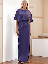 preiswerte Bodenlänge-Kleid Mutter der Braut Kleid Hochzeitsgast Kirche Elegant Einfach Minimalistisch Rundhals Bodenlänge Krepp Halblange Ärmel mit Stufen Cascading Rüschen Uni-Farbe 2025