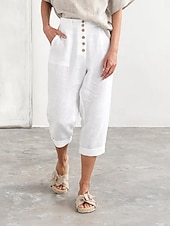 cheap Plain Cotton Linen Pant-Women&#039;s Cotton Linen Pants Chinos Fashion Streetwear Calf-Length High Waist Plain Pocket Elastic Waistband Comfy Soft Comfortable Micro-elastic Outdoor Street Navy-blue White Summer Spring Regular Fit