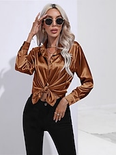 cheap Work Tops-Women&#039;s Shirt Boho Shirt Dressy Tops Plain Casual Boho Long Sleeve Bishop Sleeve Shirt Collar Regular Tops Party Evening Wear Daily Evening Party Glitter Silver Black Yellow Red Royal Blue Summer