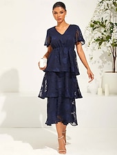 preiswerte Einfaches Kleid-Damen Maxidress A Linie Kleid Elegant Ausgefallene Flattrige Ärmel kleid hochzeitsgast Cocktailparty Regular Fit Glatt Kurzarm V Ausschnitt Dunkelblau Sommer