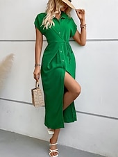 tanie Sukienki do biura-Damskie Sukienka midi Sukienka koszulowa Codzienne sukienki Sukienka kopertowa Elegancki Podstawowy Codzienny Urlop Codzienny Regularny Równina Krótki rękaw Kołnierzyk koszuli Czarny Zielony Lato