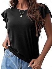 cheap Plain tee-Women&#039;s T Shirt Plain Fashion Modern Casual Short Sleeve Crew Neck Regular Tops Daily Weekend Ruffle Black Pink Gray Summer Spring