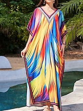 preiswerte Kaftane-Damen Badeanzug Zudecken Schwimm-Kleid Bademode Patchwork Urlaub Strandbekleidung Graphic V Ausschnitt Langarm Badeanzüge