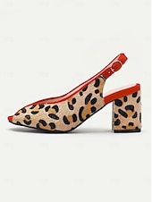 baratos sapatos slingback-Sapatos femininos de salto alto peep-toe com estampa de leopardo e acabamento vermelho e salto bloco para festas de estilo retrô e uso noturno