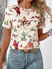 cheap Kentucky Top-Women&#039;s T Shirt Horse Casual Short Sleeve Round Neck Regular Tops Daily Print off-white Summer