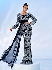 baratos VERDE-Vestido de Noiva Sereia  Trompete Vestido Elegante Formal Comprimento Total Manga Longa Decote V Bordado com Franjas de Brilho
